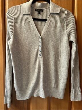 Banana Republic Light Gray Ribbed V-Neck Collared Sweater